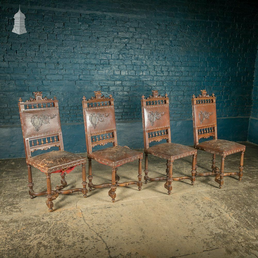 Carved Oak Chairs, 19th C With Embossed Studded Leather Seats, Set Of 4