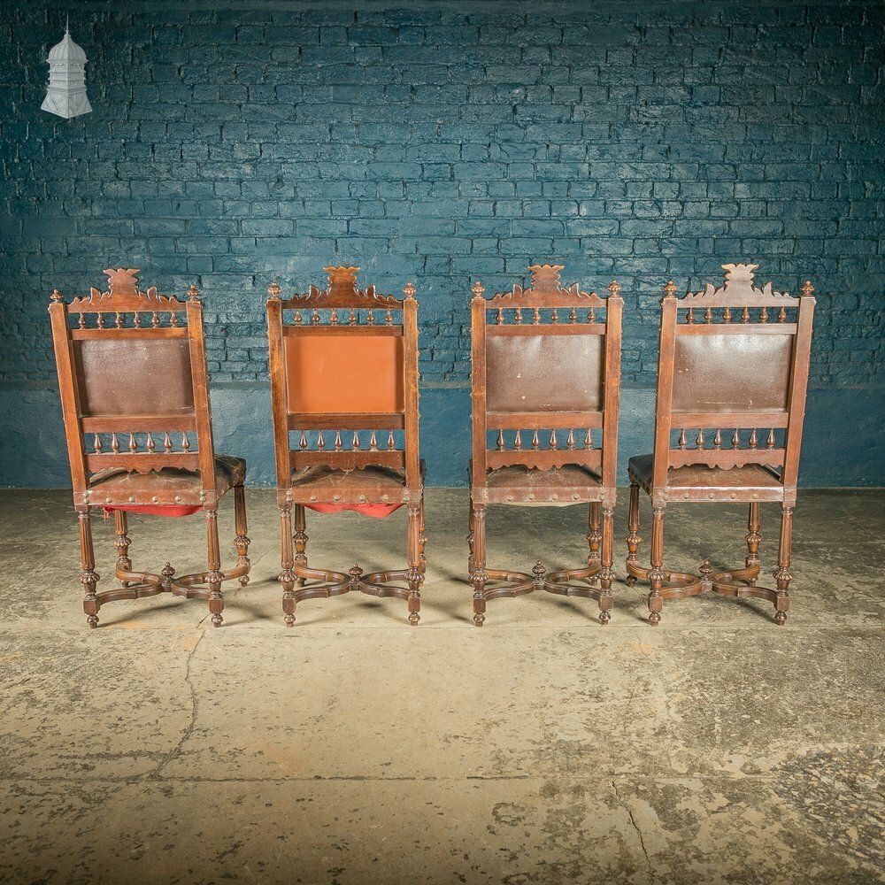 Carved Oak Chairs, 19th C With Embossed Studded Leather Seats, Set Of 4 photo for sale