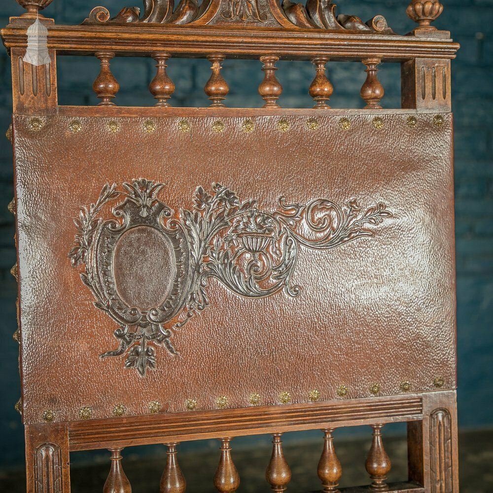 photo furniture Carved Oak Chairs, 19th C With Embossed Studded Leather Seats, Set Of 4