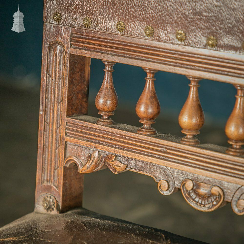 Furniture Carved Oak Chairs, 19th C With Embossed Studded Leather Seats, Set Of 4 photo