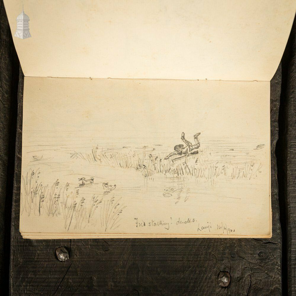 photo for sale Small 19th C Red Leather Bound Journal Documenting A Hunting Trip To India With Hand Drawn Sketches