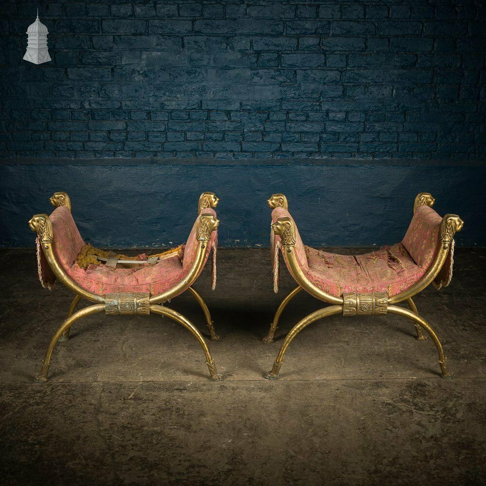 photo vinterior Pair Of Vintage Brass Lion Head And Paw Detail X Frame Stools For Upholstery