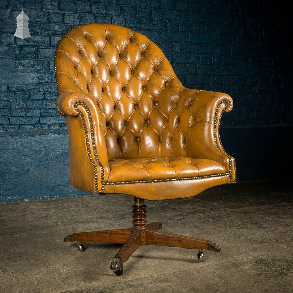 Edwardian Brown Button Back Leather Swivel Chair With Later Castors