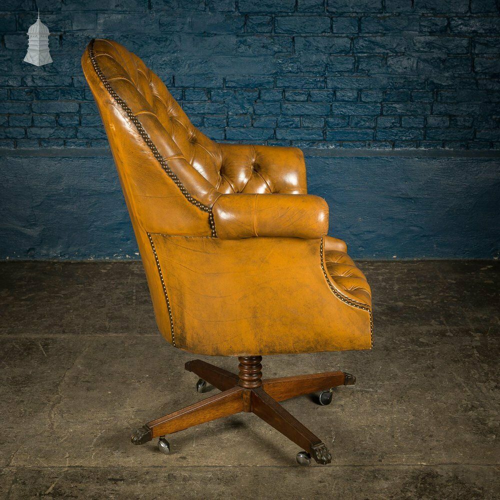 Edwardian Brown Button Back Leather Swivel Chair With Later Castors photo furniture
