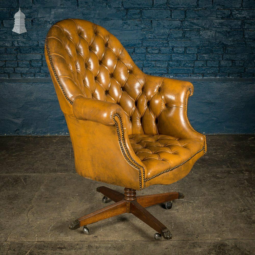 3120.0 Edwardian Brown Button Back Leather Swivel Chair With Later Castors photo