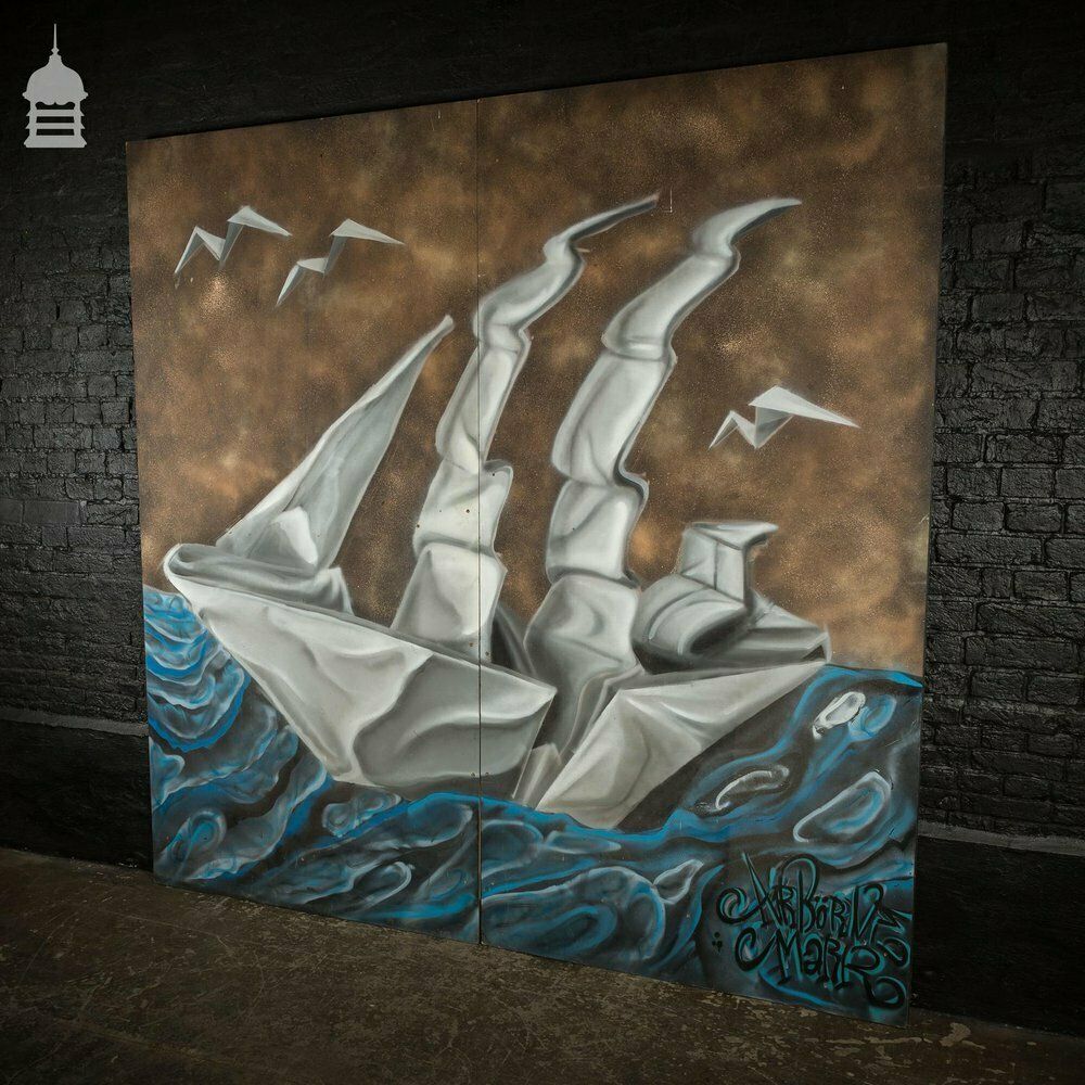 Origami Ship Graffiti Street Art By Airborne Mark, Large Scale 2 Panel Original Artwork photo Art