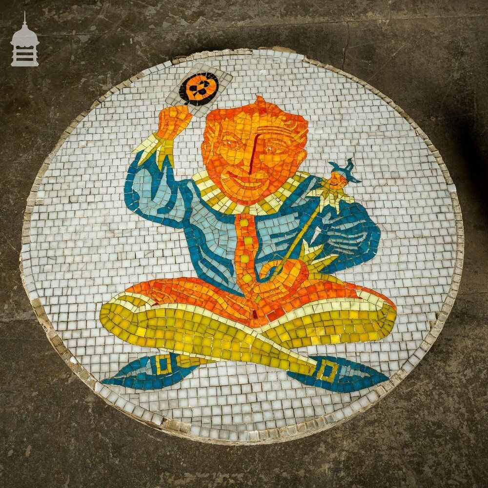 Pair Of Circular Floor Mosaics With Colourful Joker Designs photo for sale