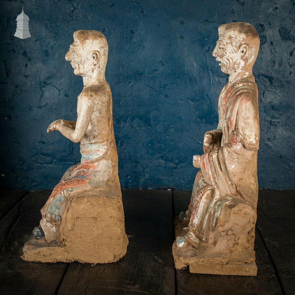 A Pair Of Chinese Early Ming Dynasty Luohans, Remnants Of Blue, Red And White Pigment Height 50cm photo 10650.0