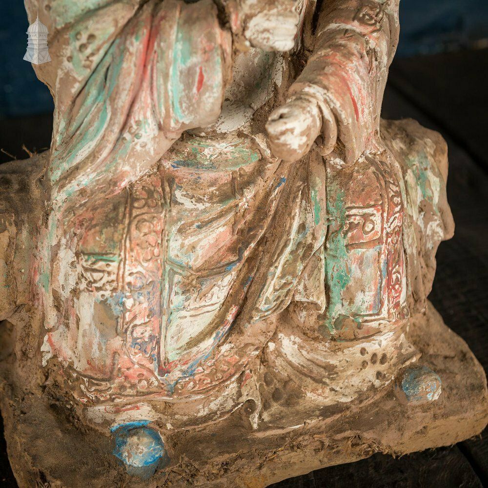 10650.0 A Pair Of Chinese Early Ming Dynasty Luohans, Remnants Of Blue, Red And White Pigment Height 50cm photo