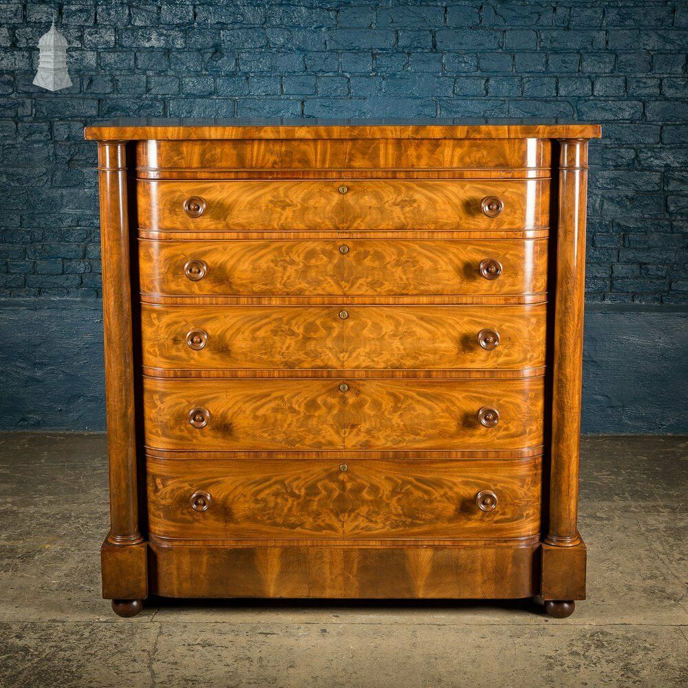 Impressive 19th C Bow Fronted Flanked Column Mahogany Chest Of Drawers photo for sale