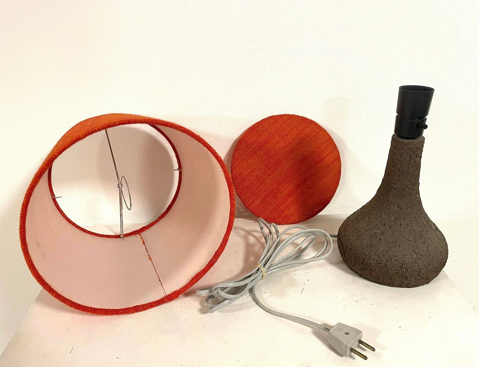 photo furniture Danish Mid Century Vintage Design Ceramic Table Lamp In Organic Shape With Raw Clay And Beautiful Orange Fabric Drum Shade
