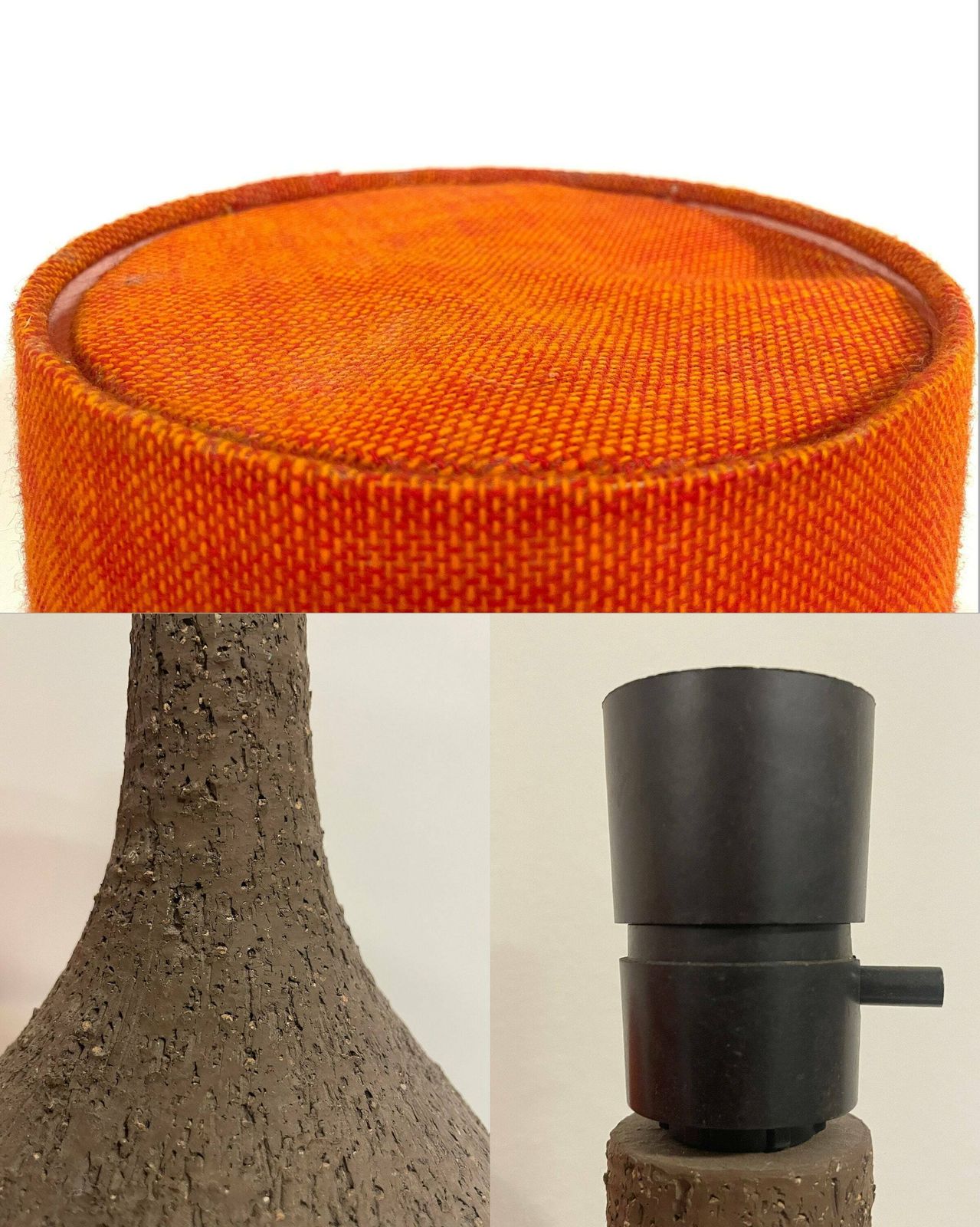 photo for sale Danish Mid Century Vintage Design Ceramic Table Lamp In Organic Shape With Raw Clay And Beautiful Orange Fabric Drum Shade