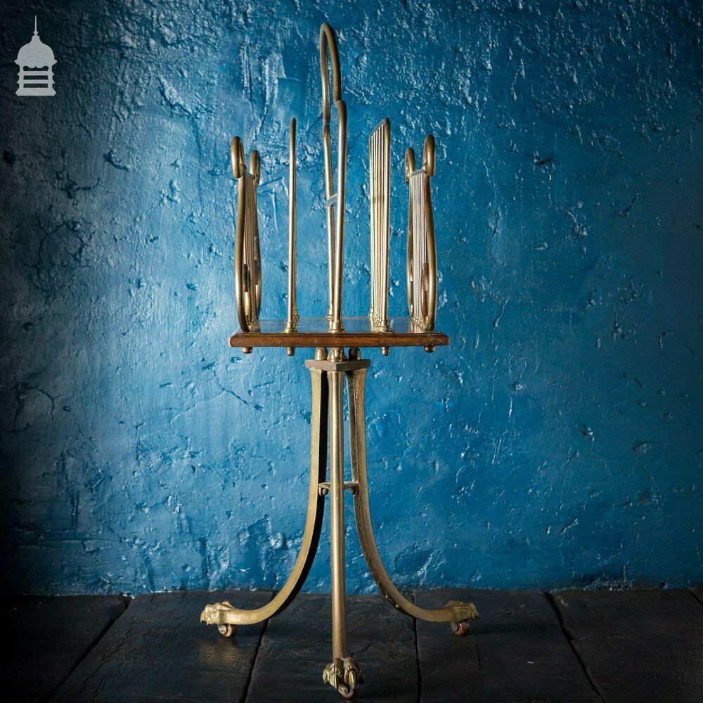 19th C Brass And Oak Swivel Sheet Music Or Record Rack With Claw Feet, Ceramic Castor’s And Treble Clef Design photo vintage