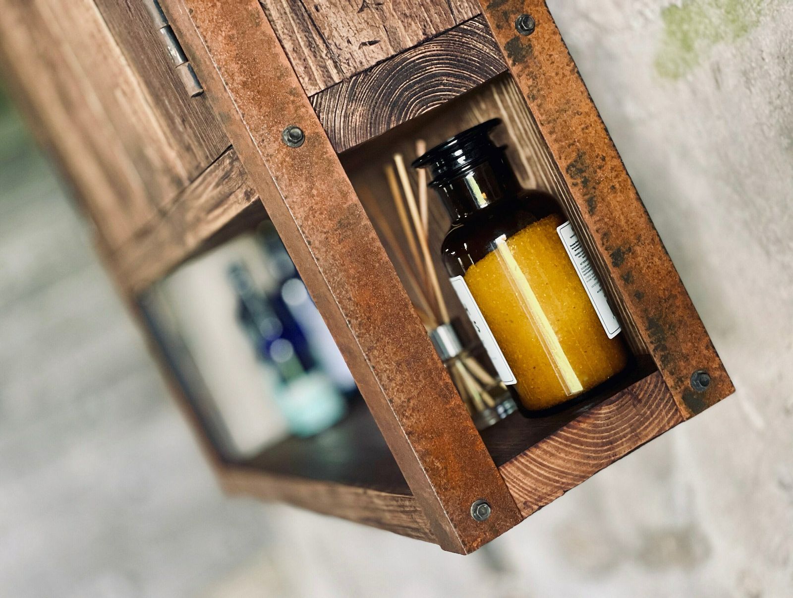 Harvey Industrial Reclaimed Scaffolding Board Shallow Wall Cupboard / Bathroom Cabinet With Rusty Angle Iron Sides photo furniture