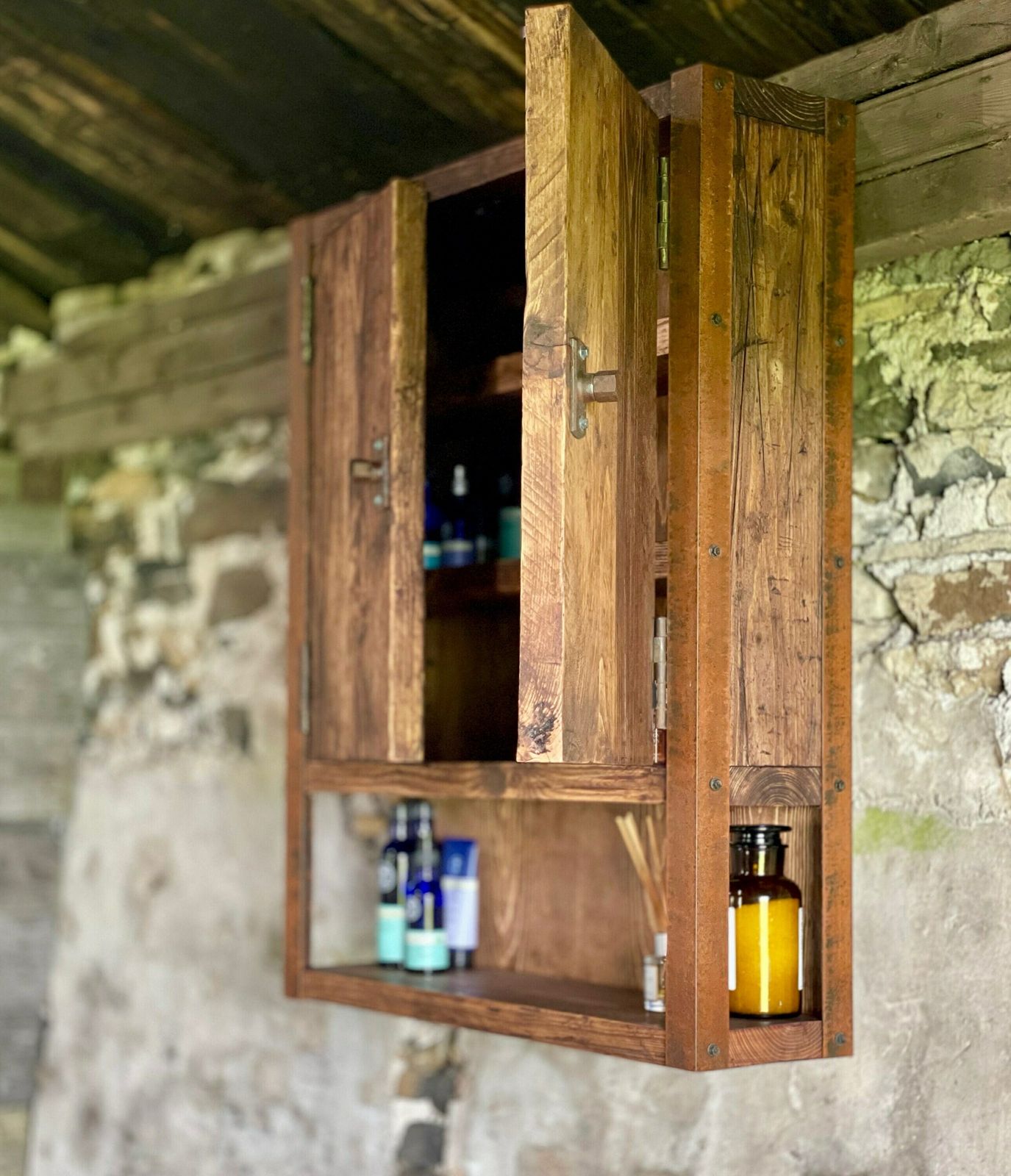 Harvey Industrial Reclaimed Scaffolding Board Shallow Wall Cupboard / Bathroom Cabinet With Rusty Angle Iron Sides photo Furniture