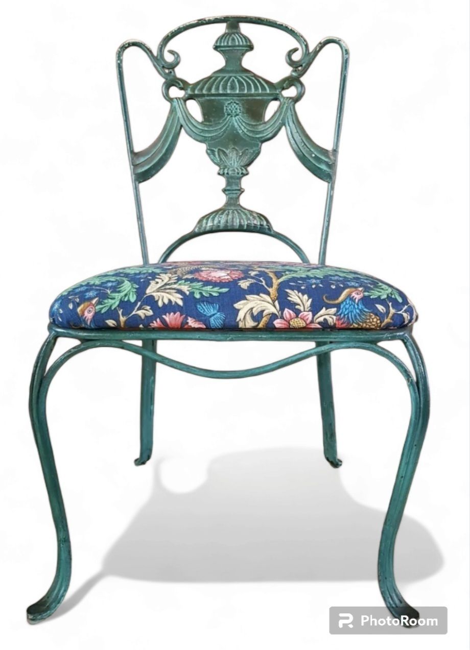 Superb Set Of Four French Mid Century Green Painted Upholstered Iron Chairs