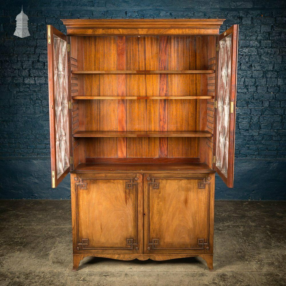 photo for sale Circa 1890 Small Scale Glazed Bookcase By Bartholomew & Fletcher With Diamond Banded Glass & Reeded Detail