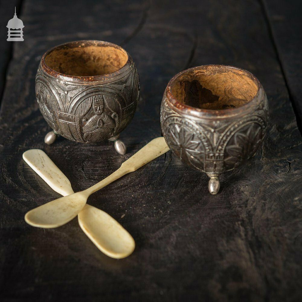 Pair Of Antique South East Asian Carved Coconut Cups On Silver Feet photo furniture