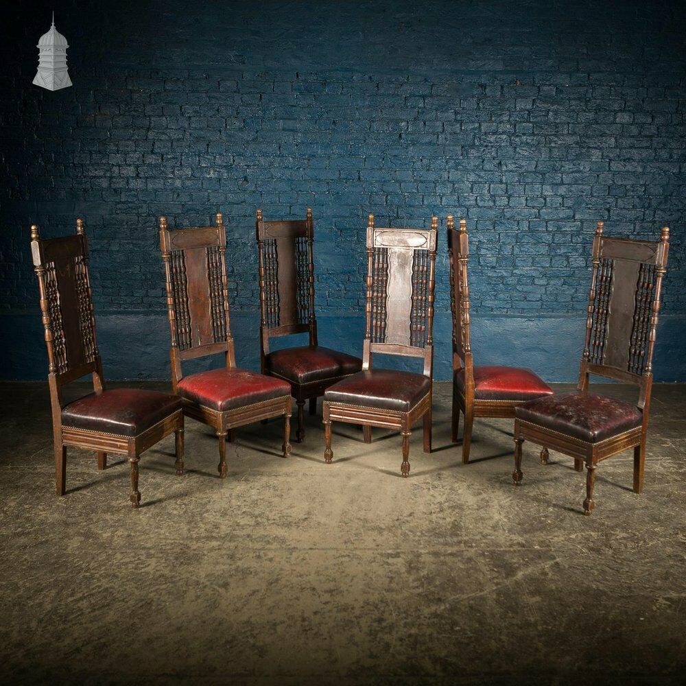 Set Of 6 19th C French Tall Back Dining Chairs With Worn Leather Seat Pads