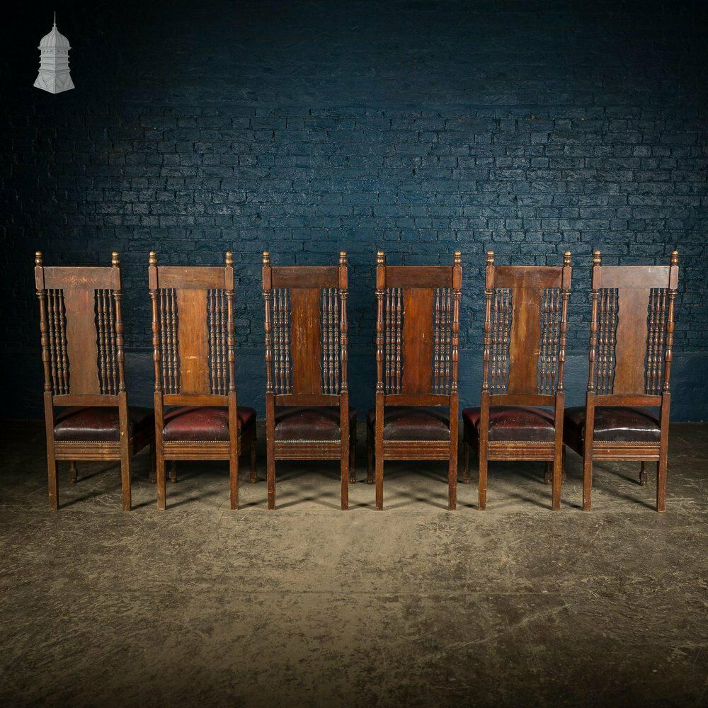 Set Of 6 19th C French Tall Back Dining Chairs With Worn Leather Seat Pads photo buy
