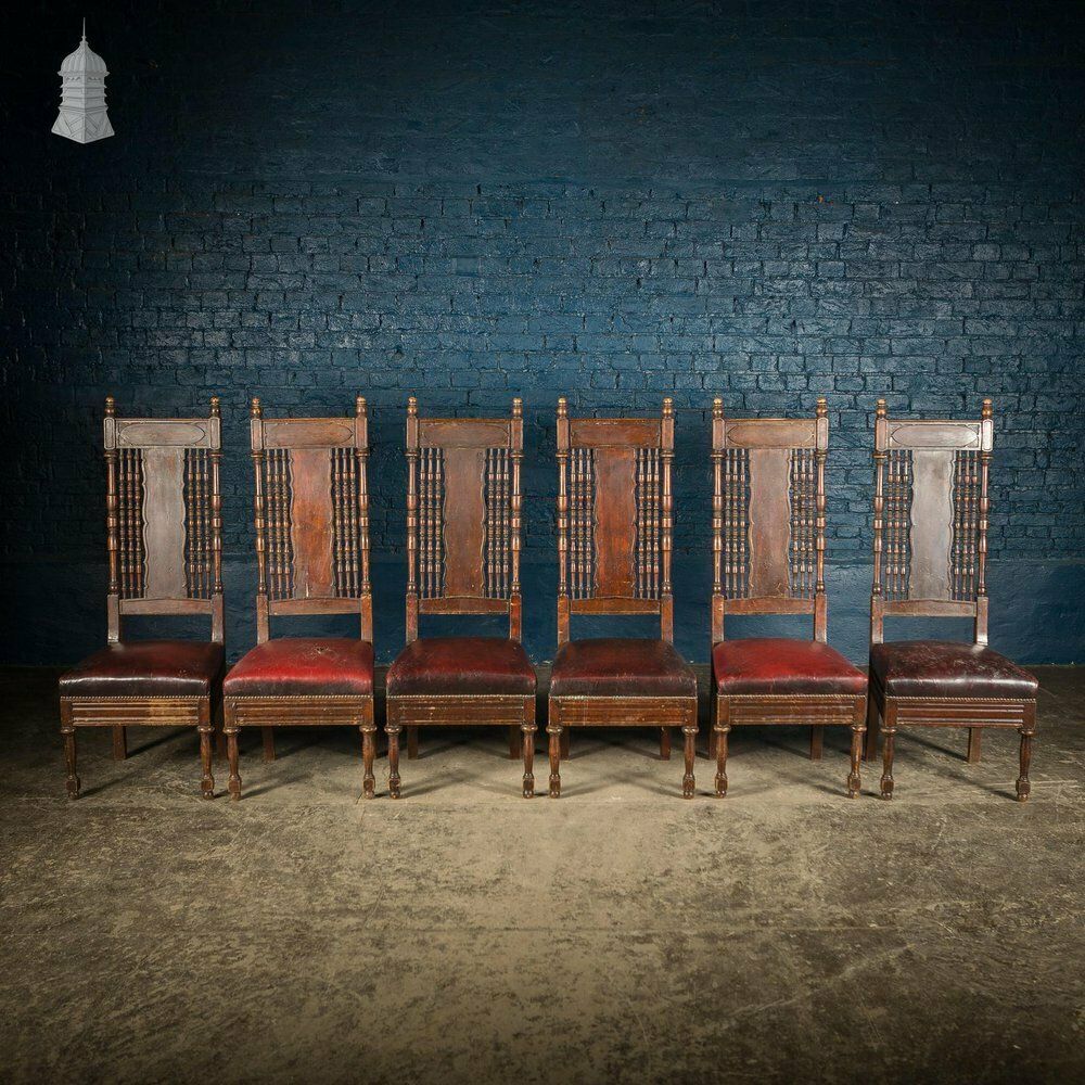 1170.0 Set Of 6 19th C French Tall Back Dining Chairs With Worn Leather Seat Pads photo