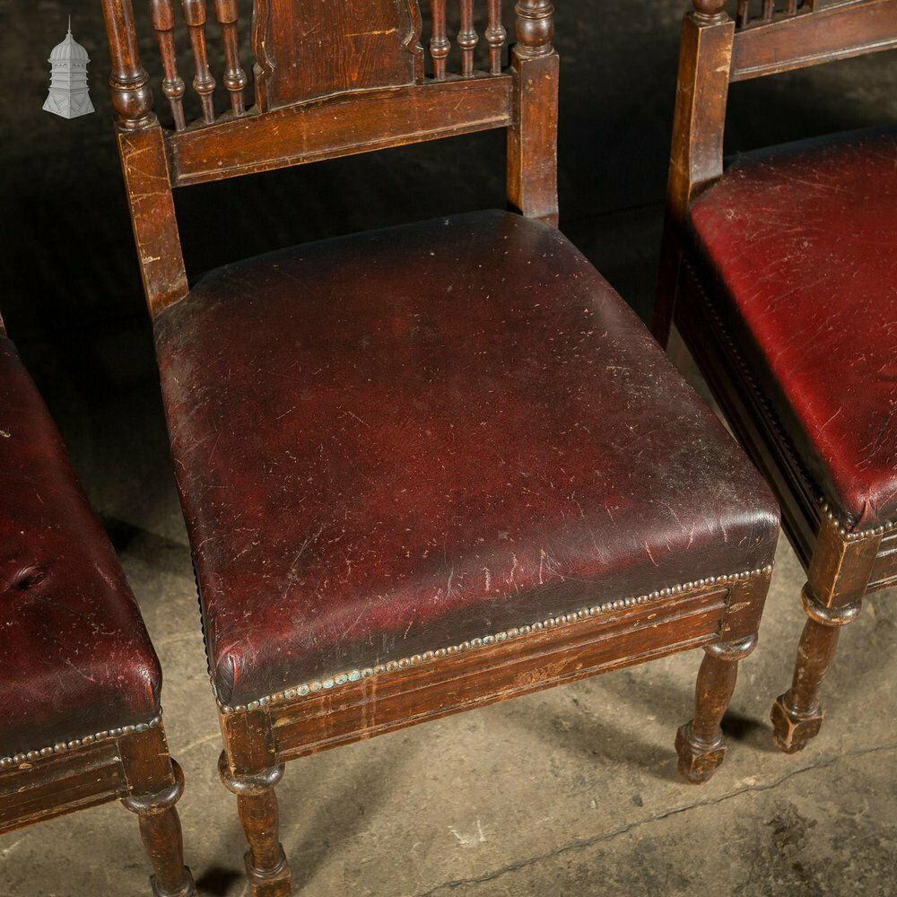 photo vintage Set Of 6 19th C French Tall Back Dining Chairs With Worn Leather Seat Pads