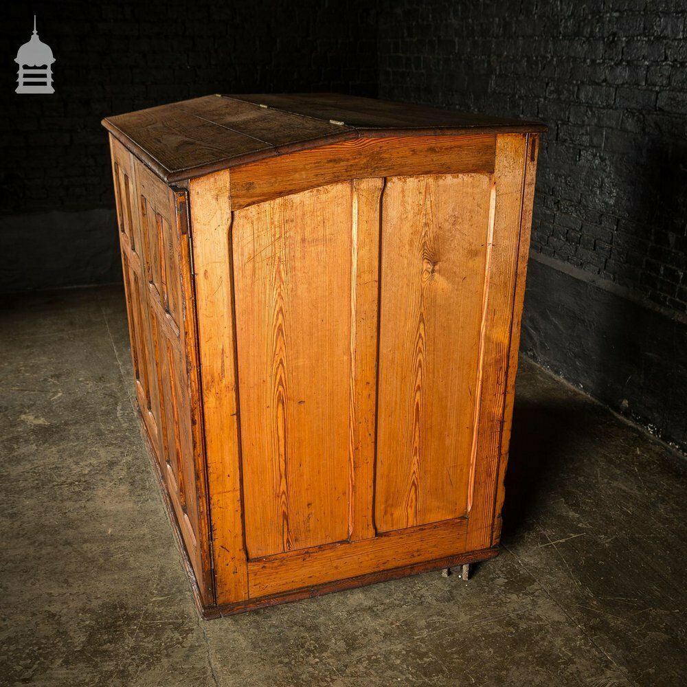 Large 19th C Figured Pitch Pine Ecclesiastical Cupboard With Double Doors, Opening Top And Metal Castors photo vinterior