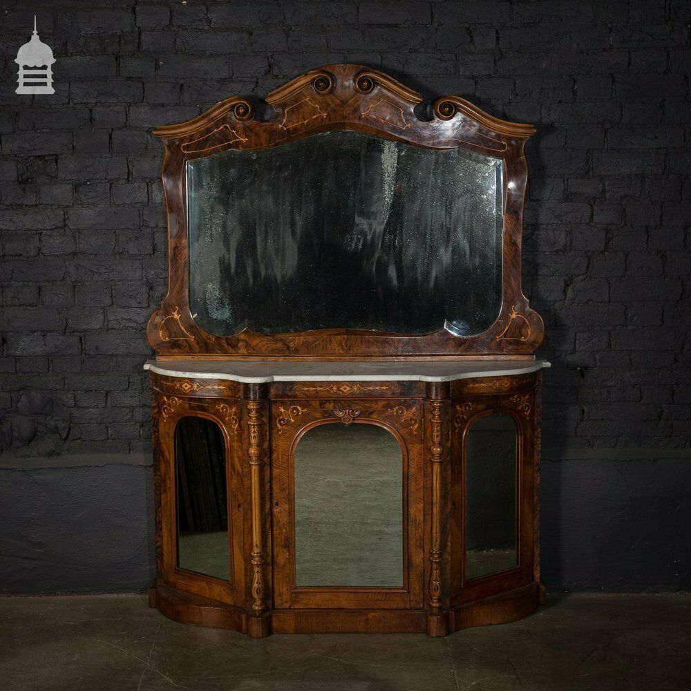 Stunning 19th C Inlaid Rosewood Marble Topped Credenza With Mirror Base And Raised Mirrored Back photo for sale