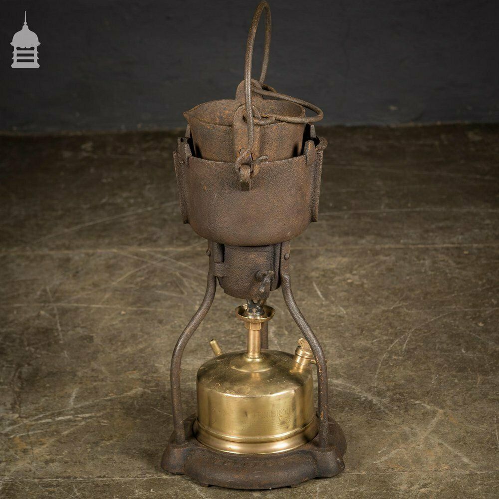 19th C Portable Cast Iron Crucible With Brass Burner photo for sale