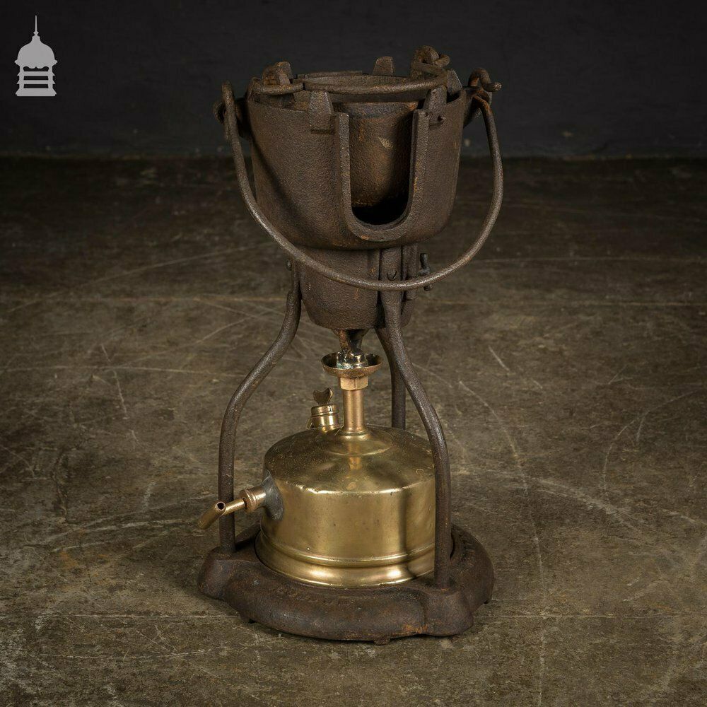 19th C Portable Cast Iron Crucible With Brass Burner photo vintage