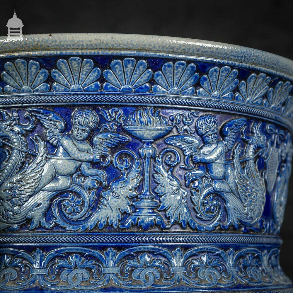 Ornate 19th C Doulton Lambeth Style Blue And White Jardinière photo furniture