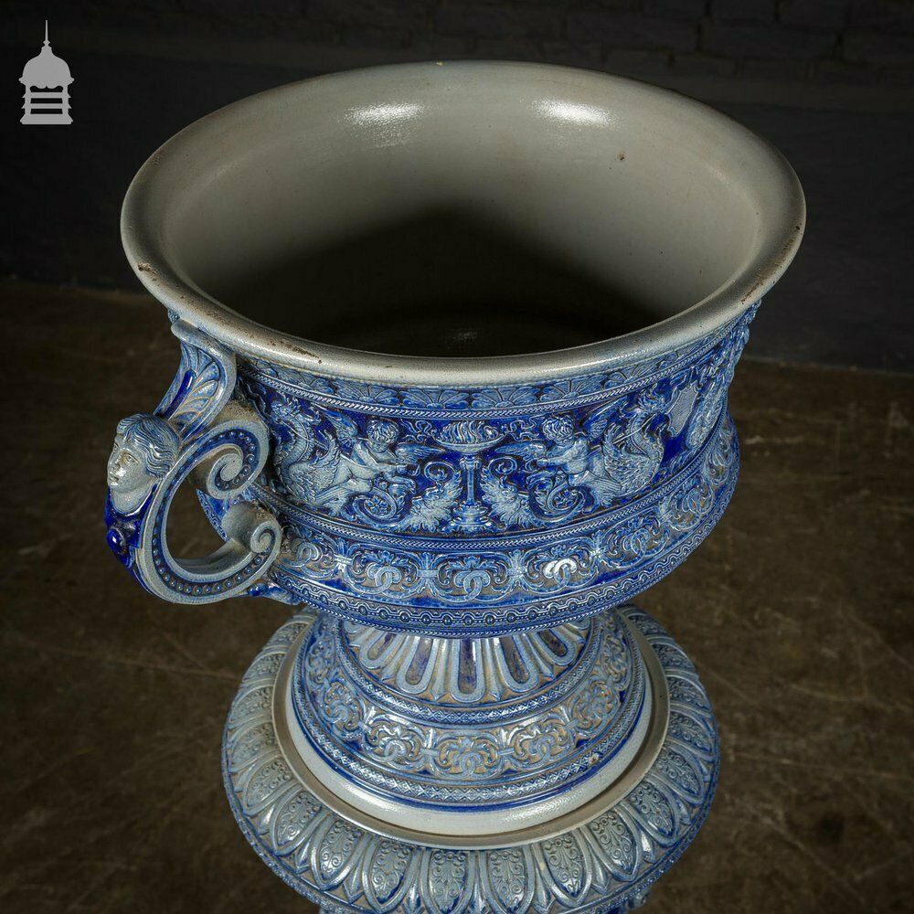 Ornate 19th C Doulton Lambeth Style Blue And White Jardinière photo vinterior