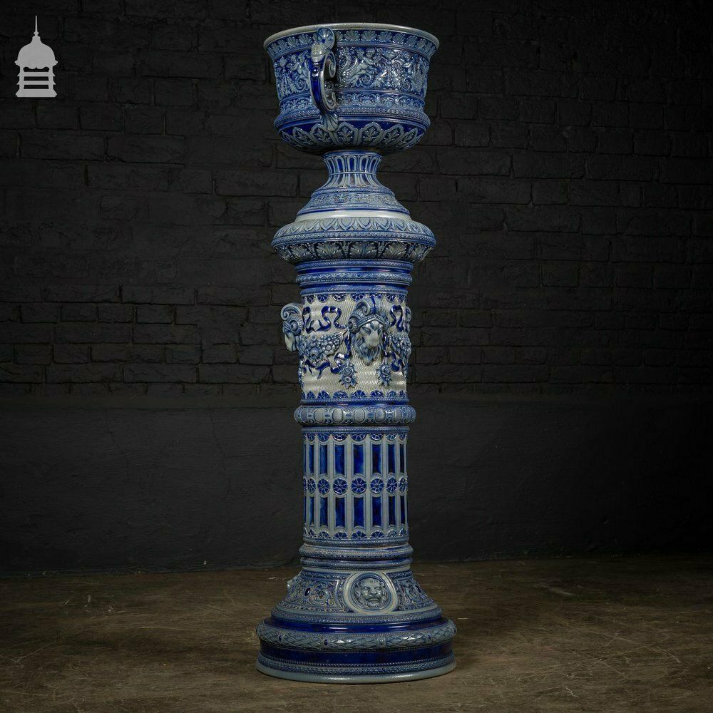 photo for sale Ornate 19th C Doulton Lambeth Style Blue And White Jardinière
