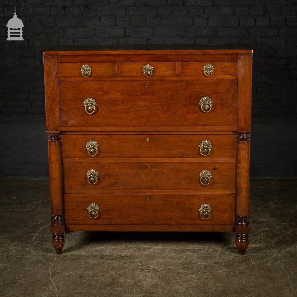 19th C Swedish Fruitwood Chest Of Drawers With Column Base And Brass Pulls photo furniture