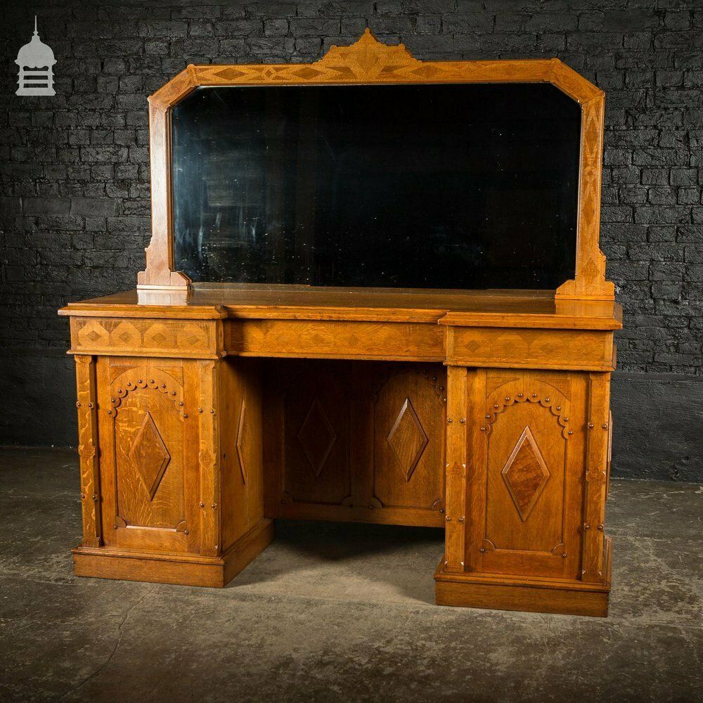 Arts And Crafts Oak With Inlaid Teak Pedestal Sideboard With Mirror From Norwich Cathedral