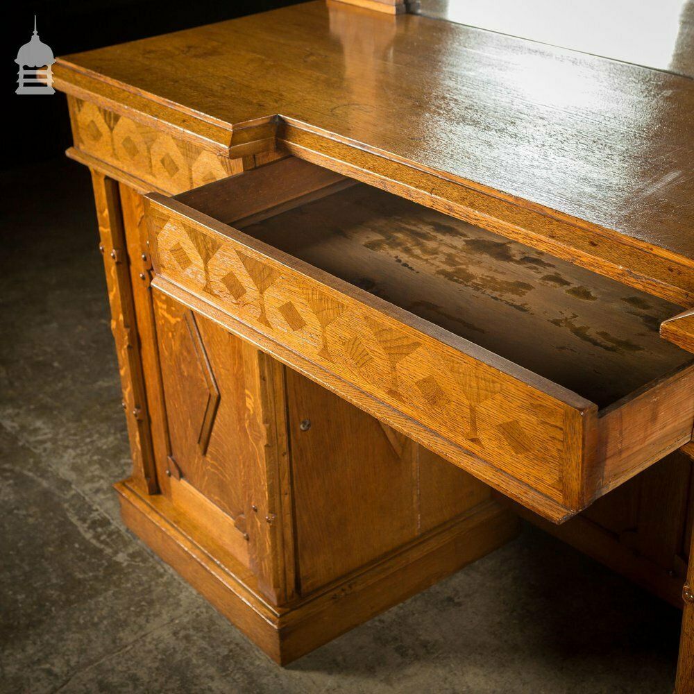 Arts And Crafts Oak With Inlaid Teak Pedestal Sideboard With Mirror From Norwich Cathedral photo vinterior