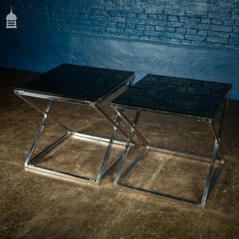 600.0 Pair Of Modern Glass Top Tables On Contemporary Chrome Bases photo