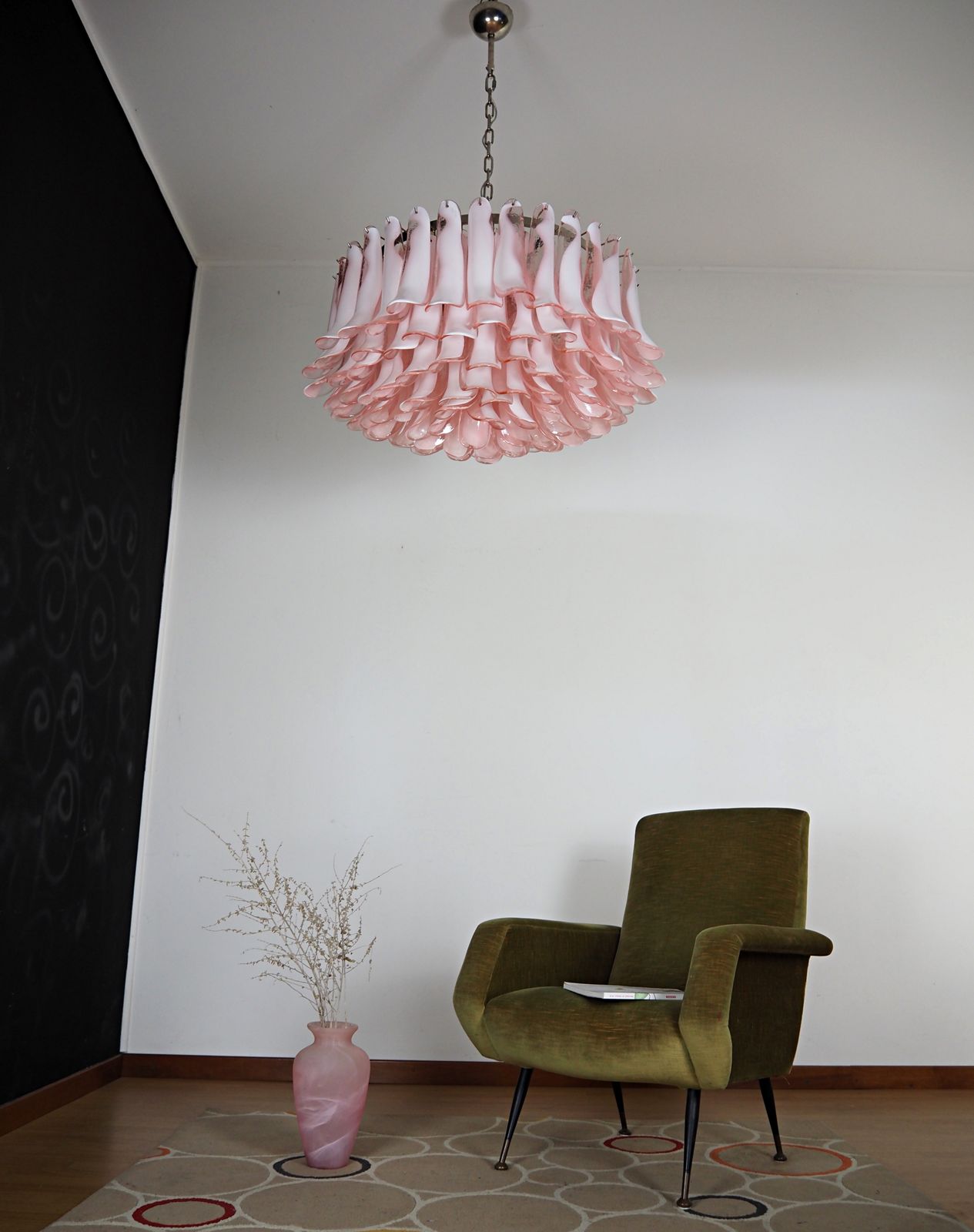 2415.0 Large Murano Glass Chandelier  101 Pink Lattimo Glass Petal photo