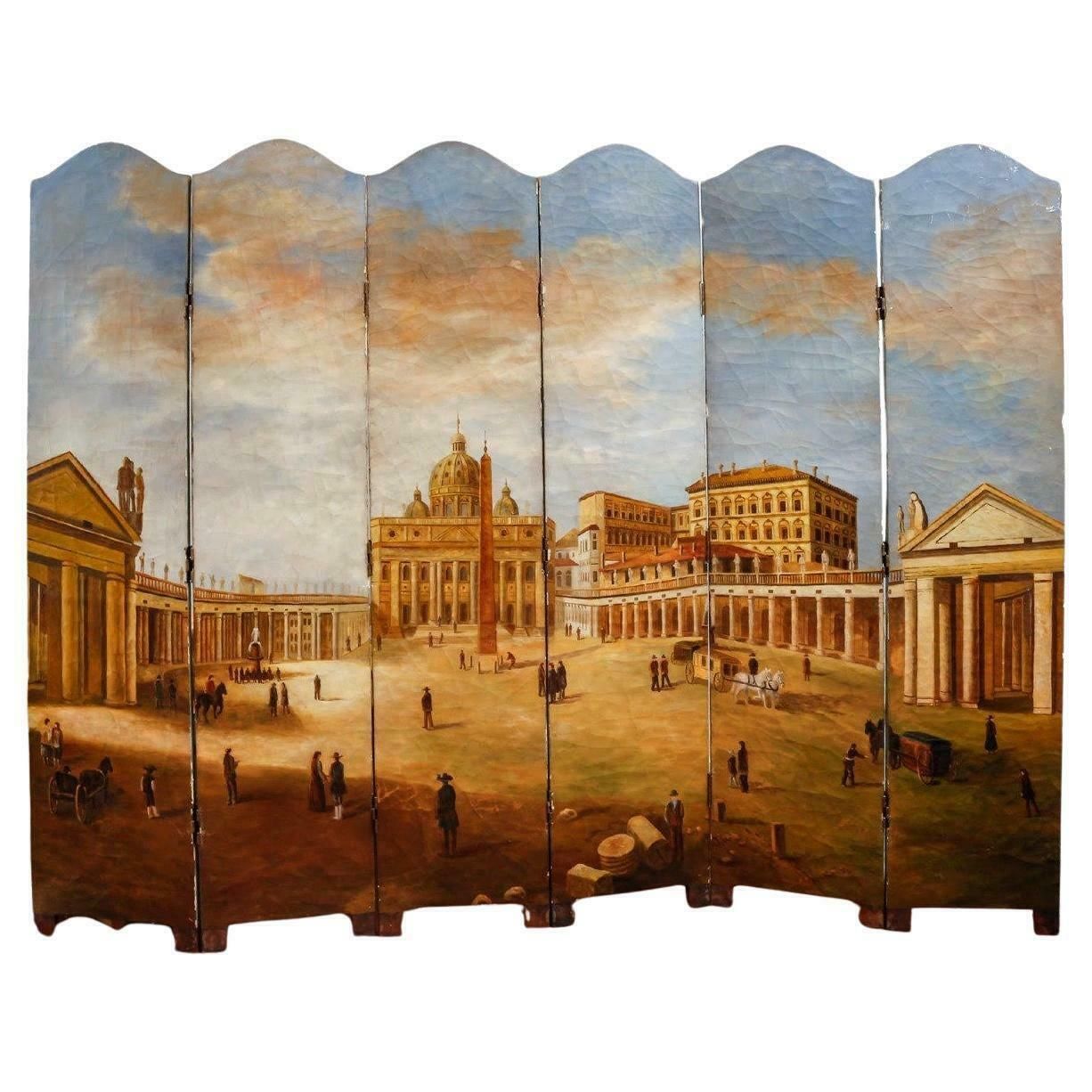 Screen Of Paintings Of Saint Peter's Square In Rome, 20th Century.