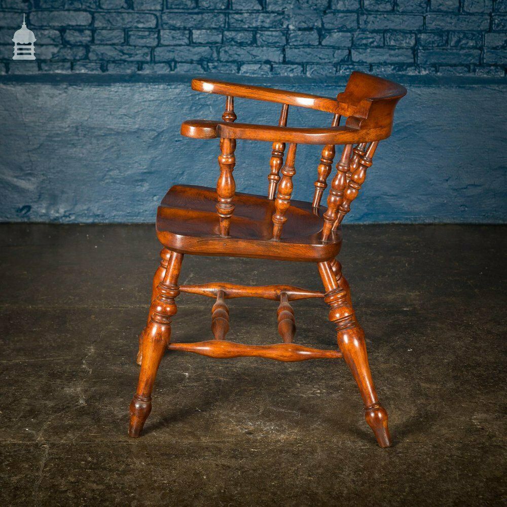 19th C Elm Captain’s Bow Seat Smokers Chair With Turned Arm Supports And Double H Stretcher photo buy