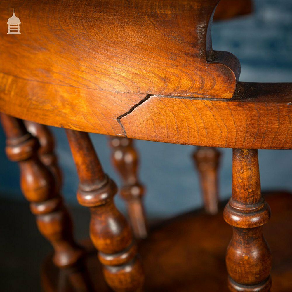 Furniture 19th C Elm Captain’s Bow Seat Smokers Chair With Turned Arm Supports And Double H Stretcher photo