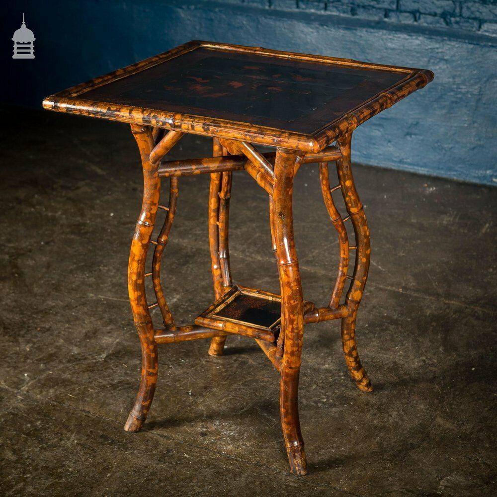 Rare Victorian Swan Leg Bamboo Table With Inlaid Marquetry Top photo for sale