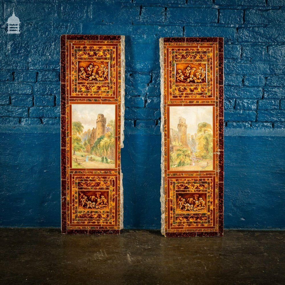 Pair Of Late 19th C Ceramic Fireplace Tile Reliefs With Individual Details photo for sale