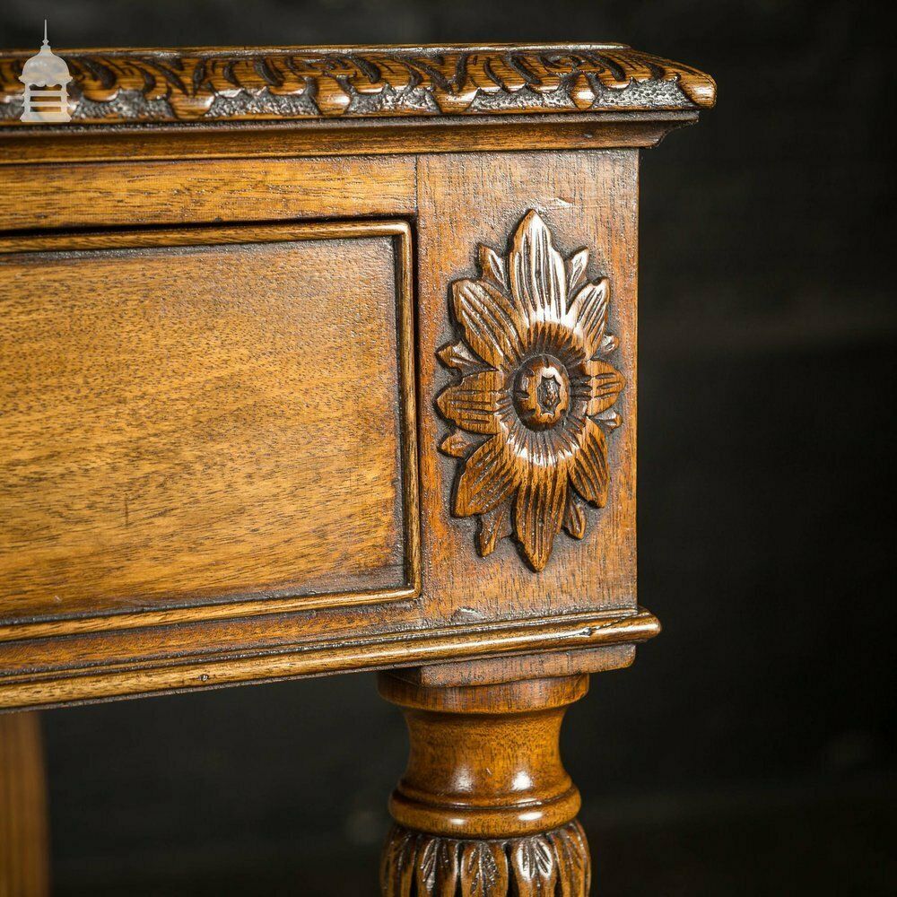 A Fine Late 19th C Sheraton Style Writing Table With Carved Prince Of Wales Feathers Escutcheons And Elegant Mellon Fluted Legs. photo 3300.0