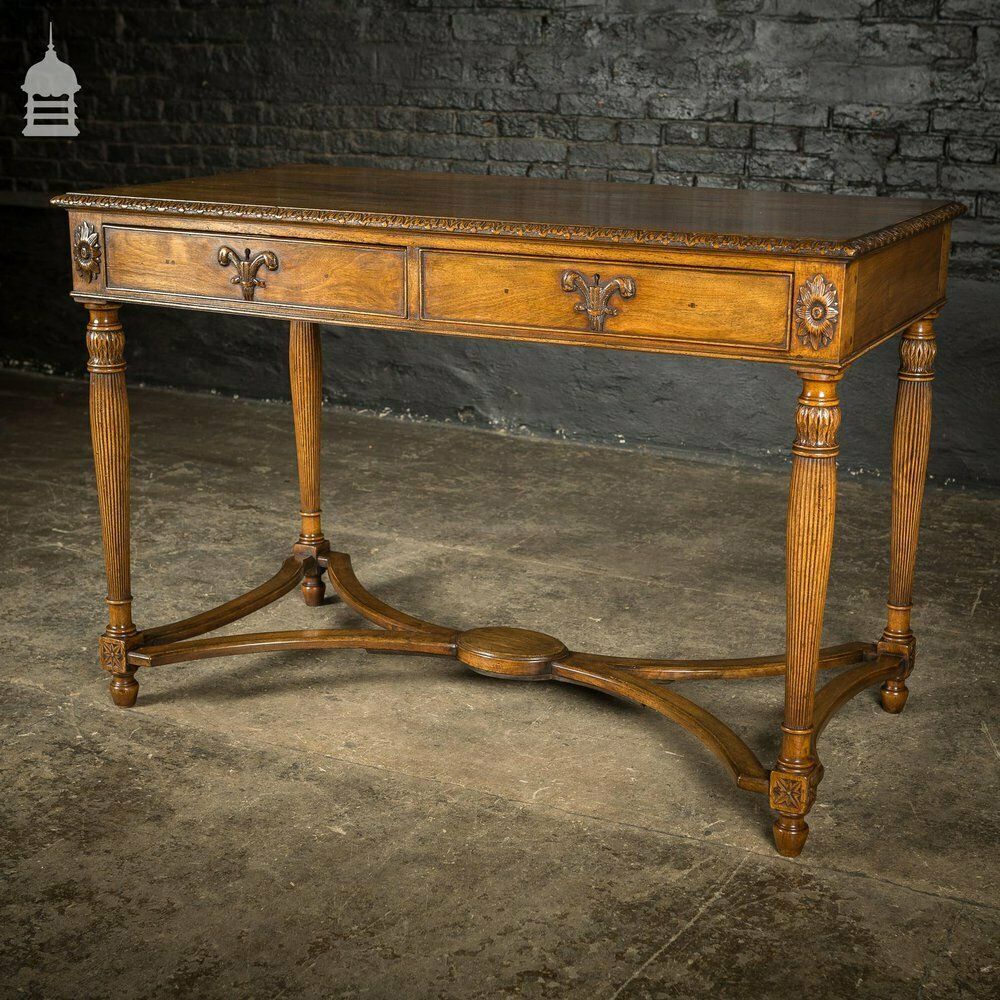 photo vinterior A Fine Late 19th C Sheraton Style Writing Table With Carved Prince Of Wales Feathers Escutcheons And Elegant Mellon Fluted Legs.