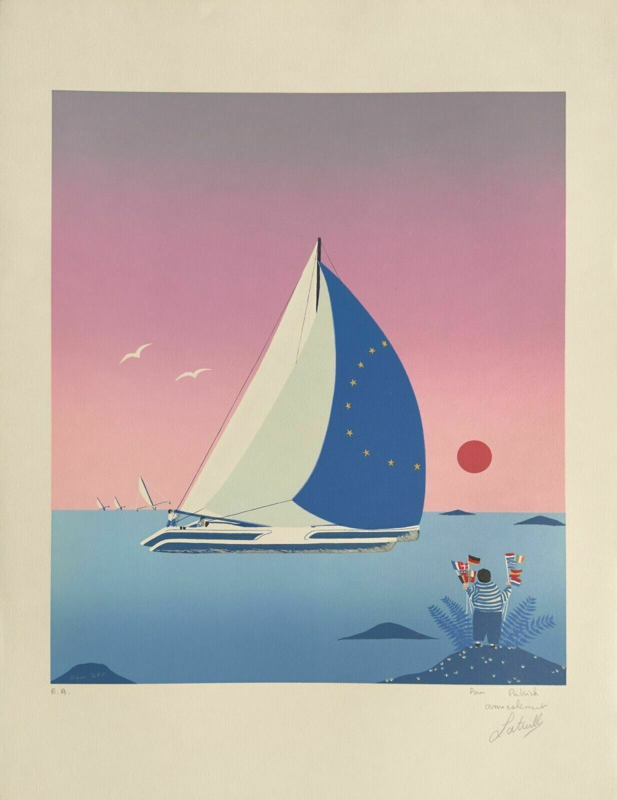 Francis Latreille Lithographie Originale Signée International Sailing Naive Art