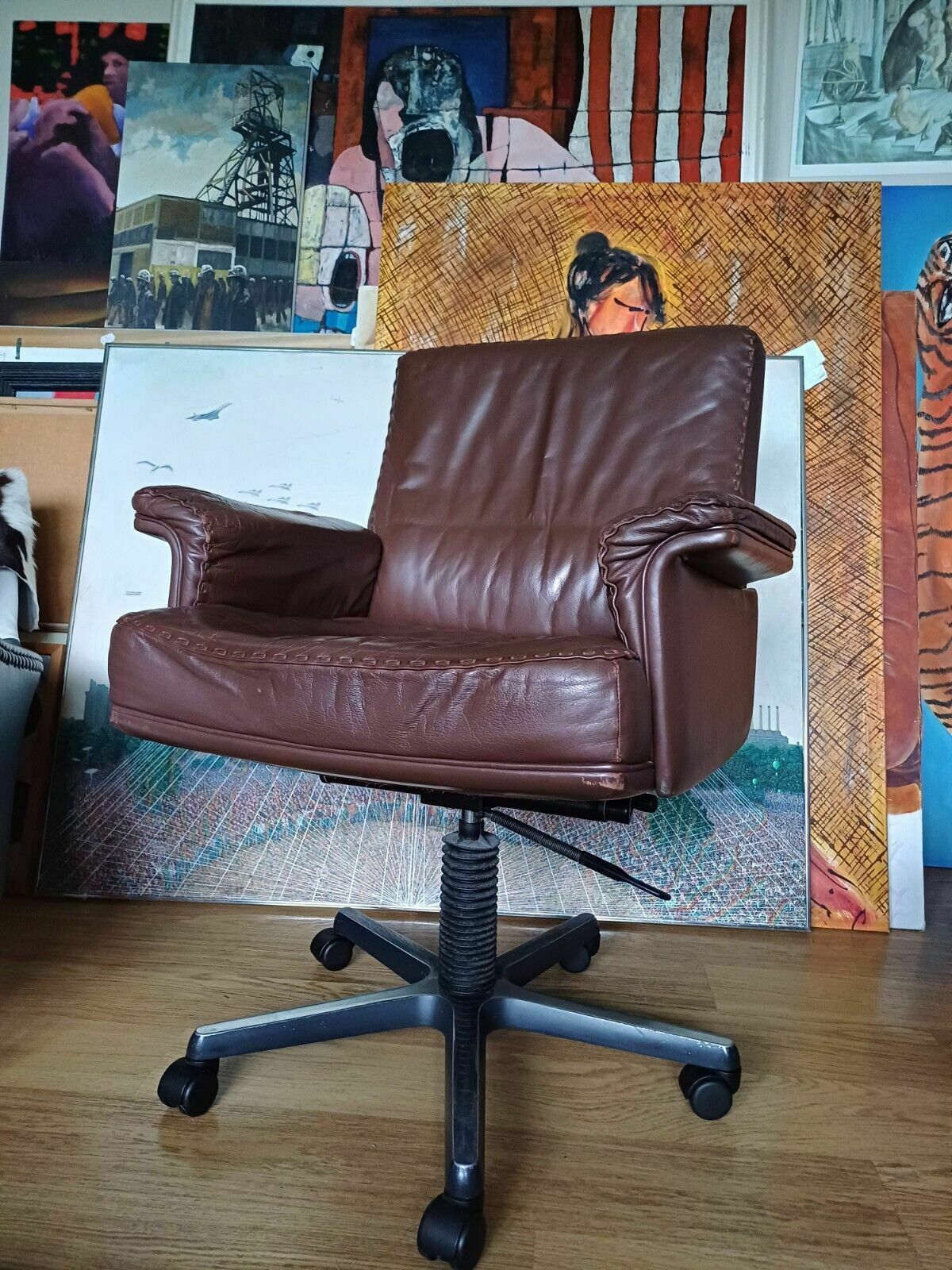 Furniture Mid Century Leather Desk Swivel Armchair By De Sede Swiss Vintage photo