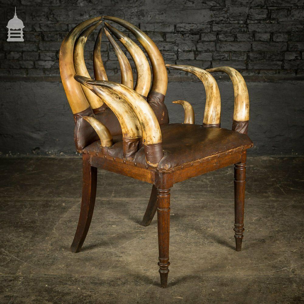 19th C Longhorn Steer Throne Chair With Turned Oak Legs photo 2160.0