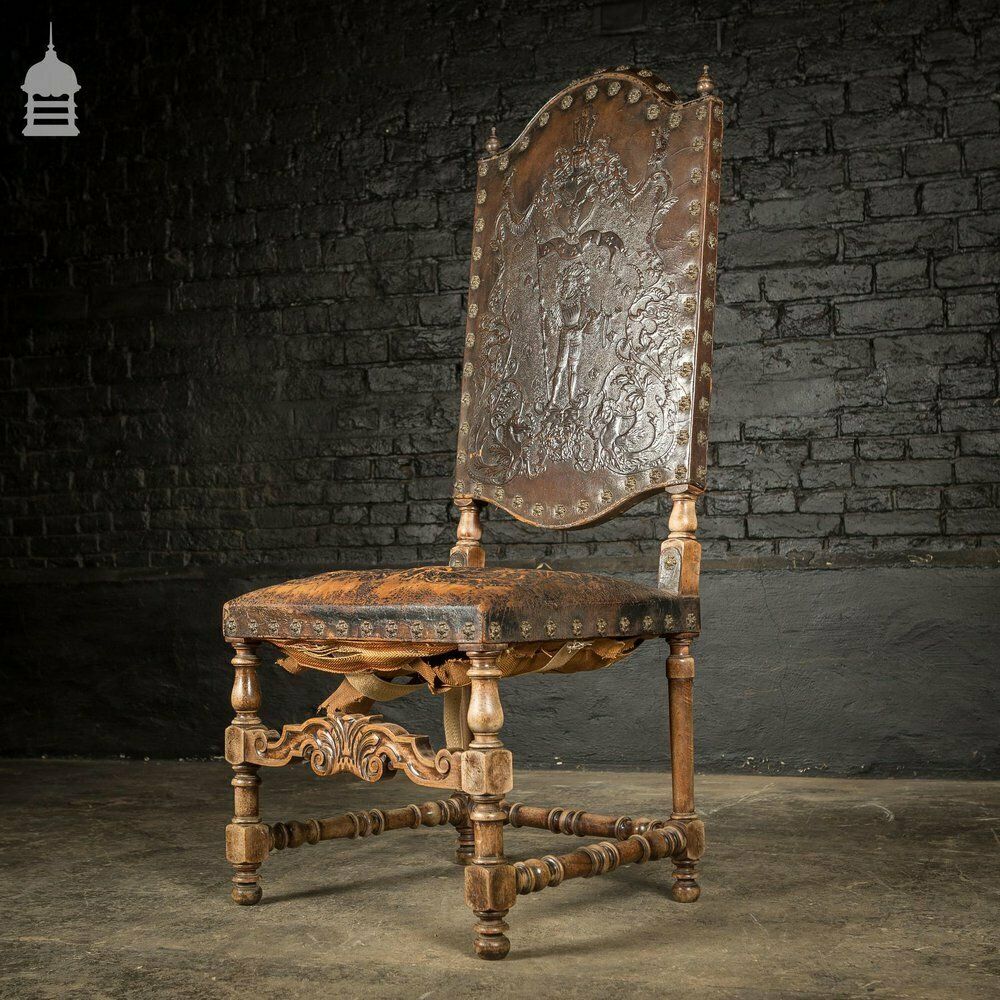 19th C Spanish Studded Throne Chair With Embossed Leather photo for sale