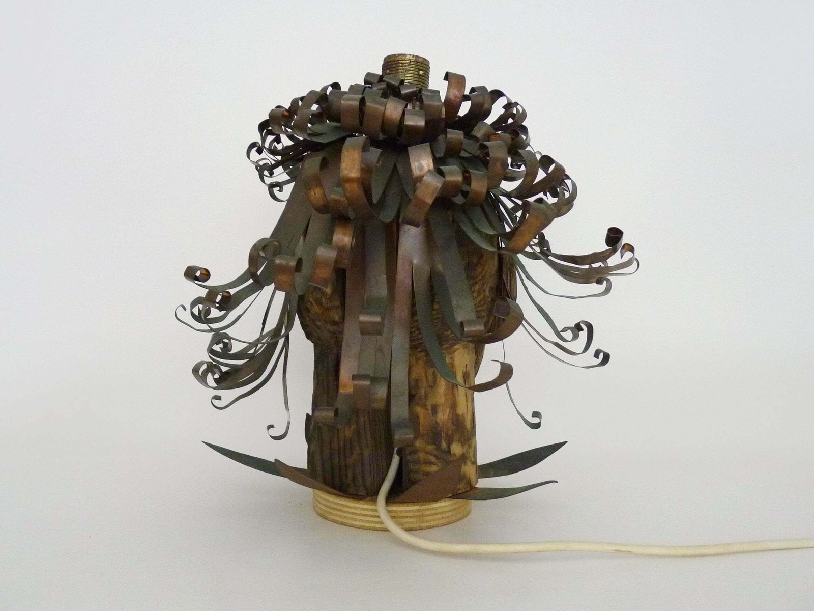 Unique Piece. Wooden Lamp And Metal Hair With Devil's Head "Self Portrait" photo vintage
